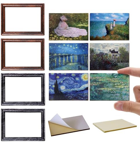 iLAND Miniatur-Puppenhauszubehör für Puppenhausmöbel im Maßstab 1:12, Rahmen mit gedrucktem Set klassischer impressionistischer Gemälde