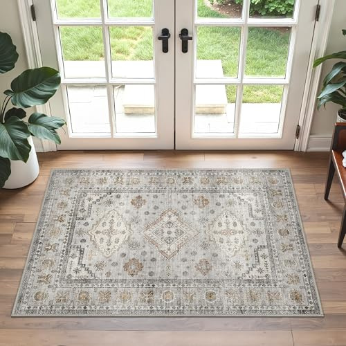 GENIMO Kleiner Teppich 60x90 cm Vintage Fußmatte Waschbar Elfenbein Grau | Weich Rutschfest Carpet, Kurzflor Retro Carpet, für Eingangsbereich, Badezimmer Schlafzimmer, Stilvoller Kleiner Teppich