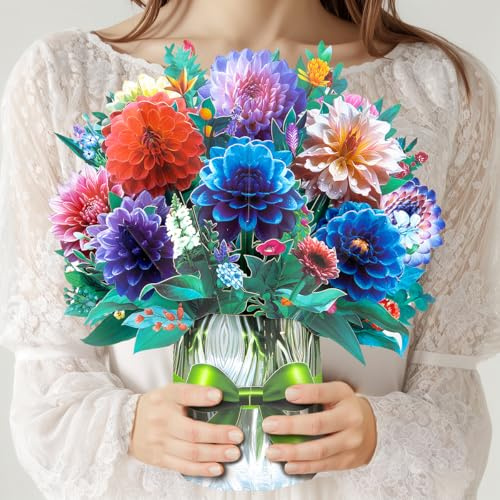CNLITIHEKA Dahlia Popup Flower Cards, Flower Bouquet Popup Greeting Cards, with Blank Note Card and Envelope, 3D Birthday Card, Get Well Cards, Happy Holiday Card, All Occasions.