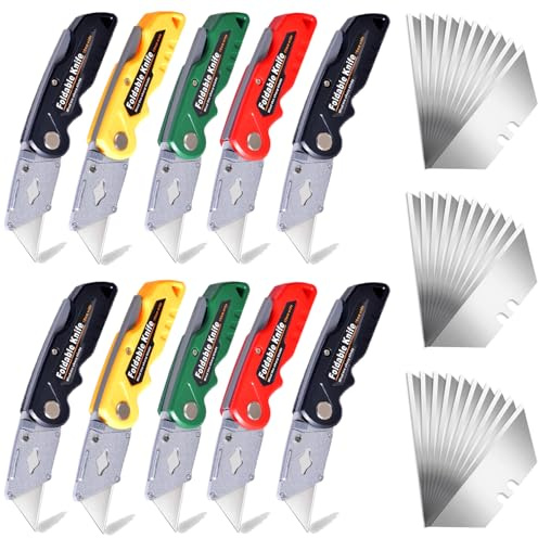 10-Pack Heavy Duty Folding Box Cutter Set with 30 Replacement Blades, Professional Utility Razor Knife (Pro)