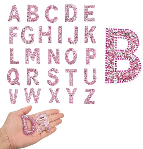 sourcing map 26pcs Rhinestone Iron on Letter Patches, A-Z Self Adhesive Glittery Rhinestone Alphabet Letter Sticker Appliques for DIY Jackets Hats Clothes Backpack, Rose Red