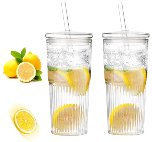 Bicchiere frullato da 600 ml, 2 tazze da caffè in vetro con cannuccia e coperchio, tazze di vetro, per bicchiere frullato, tazza di succo, bicchiere bolla tè, tazze in vetro da caffè ghiacciato