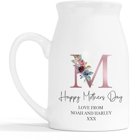 Personalised Mother's Day Milk Jug Small Vase with Names & Message - Floral Rose Gold M Initial
