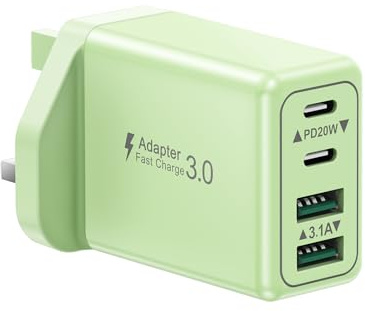 USB C Plug Fast Charge, 40W 4-Port USB Charger Plug UK, Dual USBC Power Adapter+ QC Wall Charger, Mutil Type C Fast Charging Plug for iPhone 17 16 15 14 13 12 11 Pro Max Plus, Samsung Galaxy, iPad