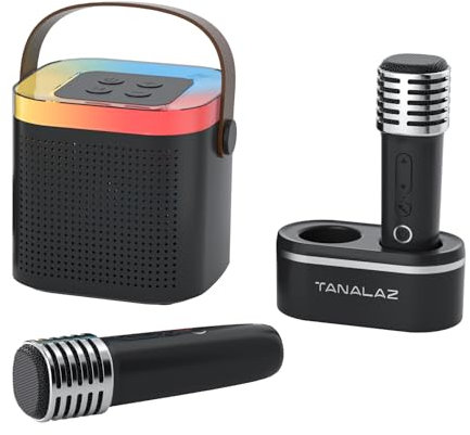 TANALAZ Macchina Karaoke con 2 Microfono Wireless e Base, Aggiornato Cassa Bluetooth con Microfoni, Karaoke Macchina per Bambini con Luci LED ed Effetti Voce, Regalo per 3-12 Anni Bambini Adulti