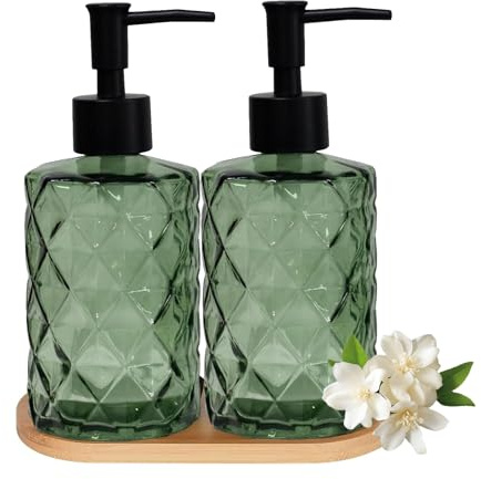 Hand- und Spülseifenspender aus Glas, 2er-Set mit Kunststoffpumpen, Bambus-Tablett, 340 ml, grüner Badezimmer-Seifenspender mit Diamant für Handwäsche und Spülen, ideal für Badezimmer, Küche