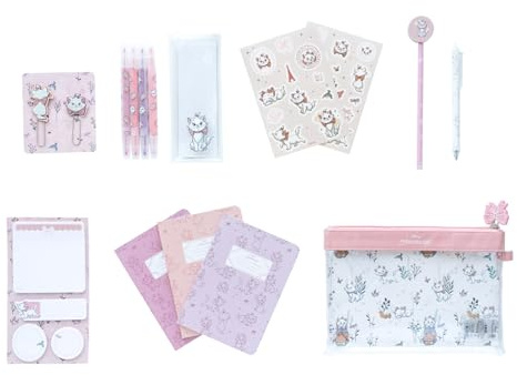 Grupo Erik Disney Aristocats Marie Schreibwaren Mäppchen mit Kugelschreiber | Bleistift mit Radiergummi - Federmäppchen Groß - Büroklammern - 4 Textmarker - Notizzettel Klebend Disney Fanartikel