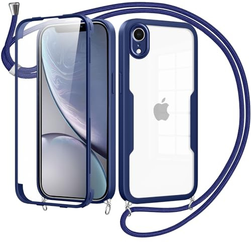 Jrkvniv Funda para iPhone XR con Cuerda,360 Grados Transparente Carcasa Doble Capa Case con Protector Pantalla de Incorporado,Ajustable Colgar Collar Correa Carcasa para iPhone XR-Azul