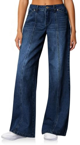 Cicy Bell Jeans da donna a vita alta, gamba larga, cucitura anteriore, con tasche, Blu mare, 50