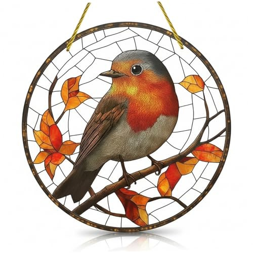 Atrapasol para Ventanas. Adornos de petirrojo acrílicos 2D de 7.9. Vitrales realistas para Amantes de Las Aves en el hogar y el jardín.