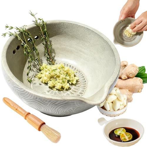 Handmade Garlic Grater X Herb Bowl, Ceramic Garlic Grater Plate with 5 Hole Sizes, Multi-Functional Pottery Herb Stripper Sauce Bowl, Kitchen Prep Tool for Peeling Off Cilantro,Basil Leafy (1pc)