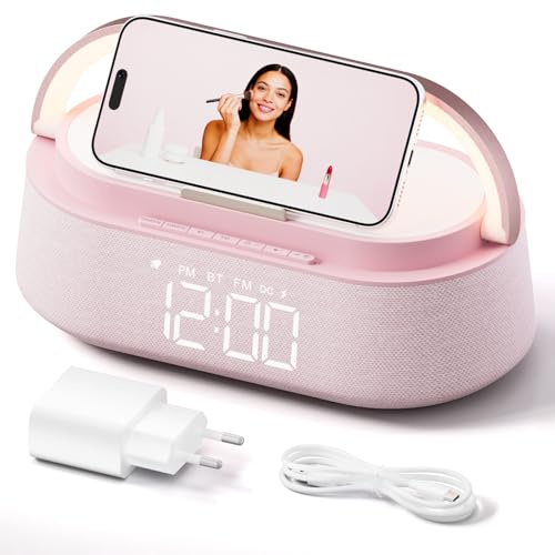 COLSUR Radiowecker Digital mit Wireless Charger Bluetooth Lautsprecher | Smart Wecker Schlummerfunktion Induktive Ladestation mit Licht Nachtlampe, Dimmbares LED Display, Geschenke für Männer Frauen