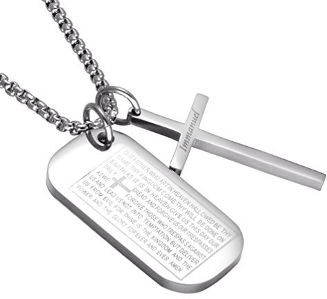 PAURO Herren Edelstahl Hundemarke Vaterunser Militär Kreuz Halskette Anhänger Mit Kette 24 Zoll Silber