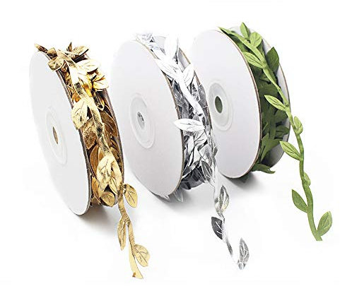 FUJIE 3 Pack Artificial Vines Fake Hanging Plants Artificial Olive Leaf Ribbon Silk Ivy Garlands Green Leaves Ribbon for Home Wedding Christmas Decoration - Gold/Silver/Green