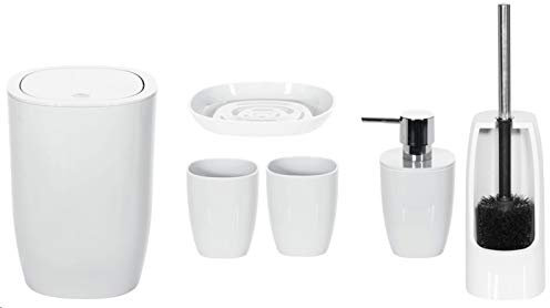 spirella Set da bagno, 6 pezzi, set da bagno, secchio per cosmetici, dispenser di sapone, spazzola per WC, portasapone, contenitore e bicchiere per spazzolini da denti, bianco