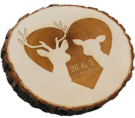 SNEG Baumscheibe REH & Hirsch mit persönlicher Gravur | Verschiedene Größen | Geschenk für Hochzeit oder Valentinstag (24-27 cm Durchmesser)