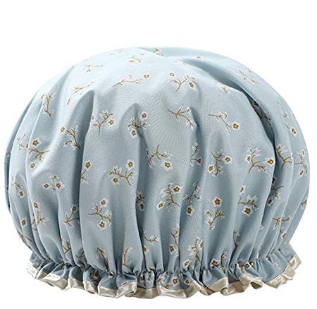 Shower Caps Women Double layer Shower Cap Waterproof Elastic Bath Cap With Flower Pattern for Women Shower Spa Salon (Blue)
