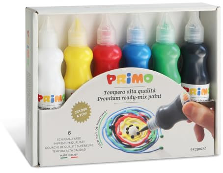 PRIMO - Abwaschbare Temperafarben für Kinder ab 3 Jahren mit 6 Farben für Kleine Künstler, 75 ml mit Spender, Temperafarben für Stoff, Papier, Glas, Malerei für Kreative Arbeiten, Stark Abdeckend