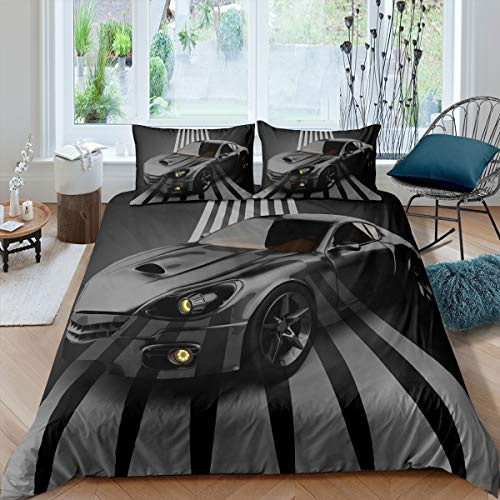 Juego de Funda nórdica Negra Coche en 3D niños Funda nórdica de Microfibra Suave,Ropa de Cama de 2 Piezas,Individual 1 Funda de Almohada