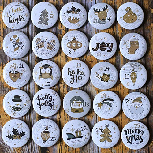 DAHI Adventskalender Zahlen Buttons Nummer 1-25 zum Weihnachtskalender selber basteln für Jutesäckchen, Anstecker Nadeln (D)