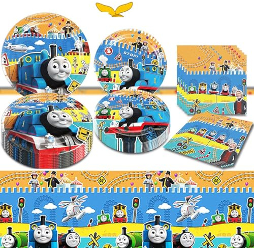 Train Birthday Party Supplies, Train Friends Theme Party Tableware Includes 20Pcs Plates, 20Pcs Napkins and 2Pcs Tablecloth for Kids Train Theme Party Decorations