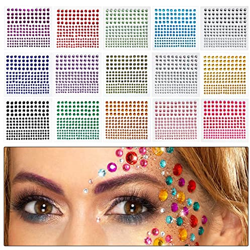 2580 Stück Gesichts-Edelstein-Sticker in 15 Farben, zum Dekorieren von Diamanten, selbstklebend, für Make-up, Körper, Basteln, Festivals, Strass-Sticker