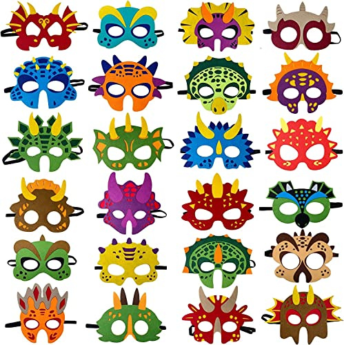 LATERN 24 Stück Dinosaurier Masken aus Filz, Kindermasken Tierische Partymaske Partytütenfüller Cosplay Maske verkleiden für Halloween Party Maskerade Geburtstage Dschungel Thema Partyzubehör