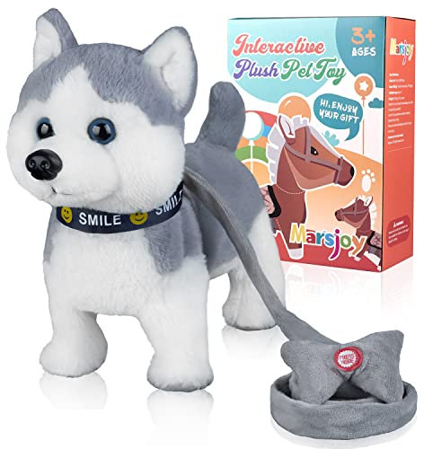 Marsjoy Husky Spielzeug Hund Ostern Geschenke für Kinder Haustier Hund Spielzeug Mädchen Junge Interaktives Plüschtier mit Gehen,Bellen,Schwanzwedeln, Singen Funktion