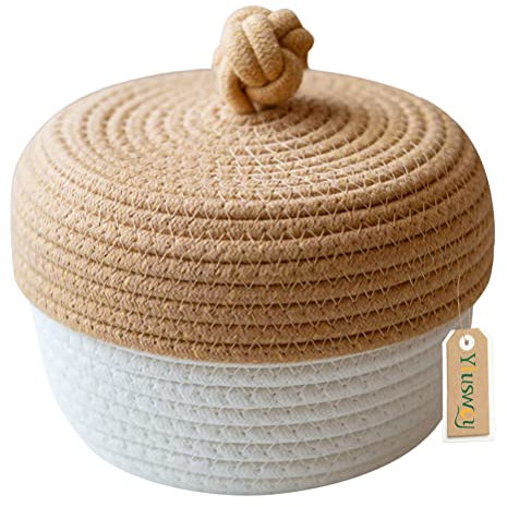 Yiuswoy Kleiner Aufbewahrungskorb aus Baumwollseil Geflochtener Aufbewahrungsbox mit Deckel Deko Korb für Kinderzimmer, Küche, Bad, Büro, 20 x 15 cm, Weiß/Khaki
