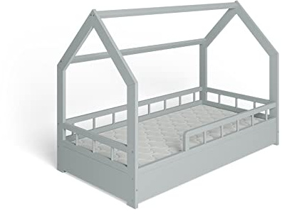 ms factory Hausbett mit Matratze Kinderbett 80x160 cm mit Rausfallschutz und Lattenrost - Einzelbett aus Kiefernholz für Mädchen und Junge - Grau