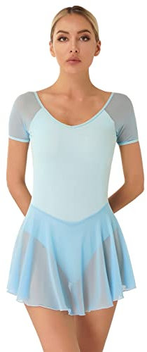 Runhomal Damen Ballettanzug Kurzarm Ballettkleid Tanzkleider V-Ausschnitt Ballett Trikot Turnanzug Rückenfrei Turntrikot Ballettkleidung Hellblau S