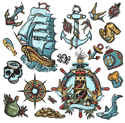 WandSticker4U®,Wall Tattoo Pirates I Wall Pictures: 60x48 cm I Baby Wall Sticker for Children's Room Ship Anchor Treasure Map Gold Diving Shark I Wall Sticker for Girls and Boys Decoration Bathroom