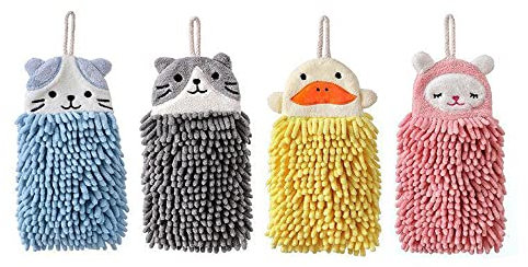 Misgirlot 4 bunte Handtücher mit Aufhängeschlaufen, saugfähige Chenille-Handtücher zum Aufhängen, niedliche Cartoon-Tiere, Kinder-Handtücher mit Aufhängeschlaufen (zufällige Farben)