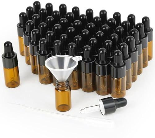 XiYee 50 Pack Mini Pipettenflasche,3ml/5ml Transparente Glasflasche mit Tropfpipette,für Ätherisches Öl,Aromatherapie, Massage, Duftöl Probe (Braun 50pcs) (3ML)