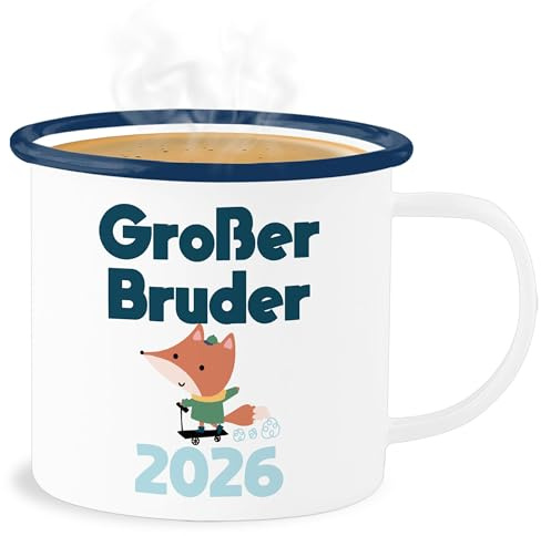 Emaille Becher Blechbecher - Tassen - Großer Bruder 2026 Fuchs - 300 ml - Weiß Blau - tasse grosser big brother bro geschenk geburt große brüder für großen bruder gro er geschenke 2023