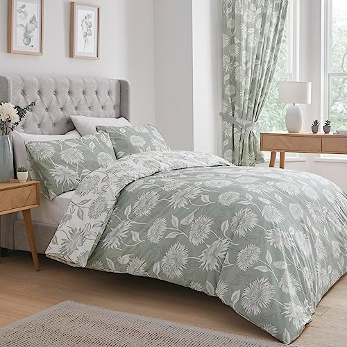 DREAMS AND DRAPES Bettwäsche-Set, Doppelbett, 200 cm x 200 cm, 2 Kissenbezüge, 52% Polyester, 48% Baumwolle, Wendbar, Reversibel, Blumenmuster, Chrysantheme, Grüne Bettwäsche, 1 Set