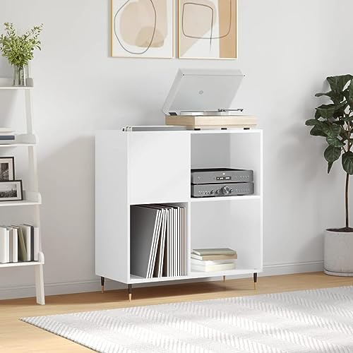 Prissent Mobile Porta Dischi 84,5x38x89cm in Legno Multistrato - Scaffale per Vinile, Libreria Stretta, Mobiletto TV, Porta CD - Bianco Lucido