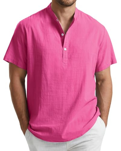 Enlision Chemise Lin Homme Manches Courtes Col Mao Chemise Été Hommes Leger en Coton Lin Chemise de Plage Classique Casual Henley Shirt S-4XL