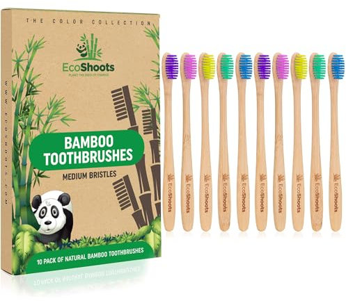 EcoShoots Lot de 10 brosses à dents en bambou pour adulte avec poils moyens – Respectueux de l'environnement et biodégradable – Brosse à dents entièrement naturelle – Brosses à dents sans plastique