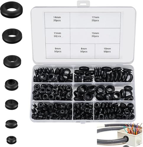 Occhielli in Gomma Nera, 260 Pezzi Passacavo in Gomma Set, Gommini Passacavo Elettrico, 7 Dimensioni di kit di Guarnizioni in Gomma, Passacavi in Filo di Gomma Occhiello, per Cavi, Tubi per Cavi