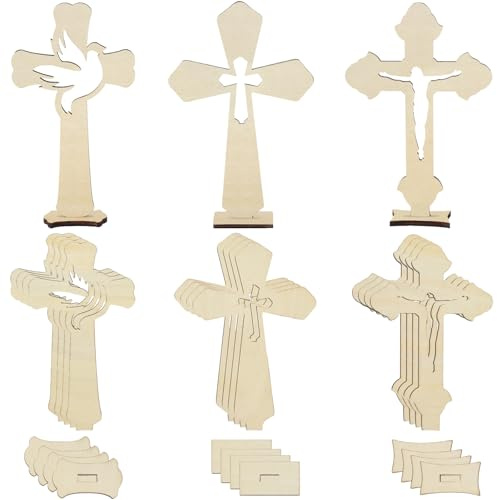 Hpbaggy 12 Stück Holzkreuz katholisch,Holzkreuz Katholische Dekoration,Holzkreuze zum Basteln Kommunion Deko,Holzkreuz Taufe,Stehkreuz mit Basis,Holzkreuz für Taufe,Kommunion,Hochzeit,Tischdekoration