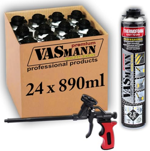 VASmann 24x890ml PU-Sprühdämmung & Sprühisolierung – Effektive Wärmedämmung für Dach, Kellerdecke & Wände | Vielseitige Alternative zu EPS / XPS Dämmplatten (60m2+Pistole, 24)