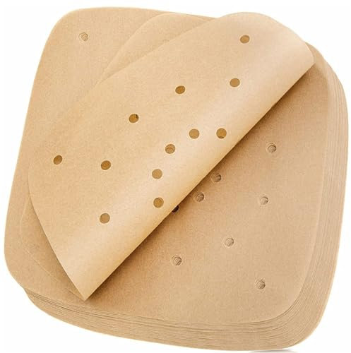 Hilai Bamboo Steamer Liner, Air Fryer Liners Disposable 200Pcs Parchment Paper Sheets 8.7'' Square Air Fryer Liners Non-Stick Perforated Parchment Paper Sheets for Baking Oven