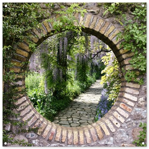 MuchoWow© Gartenposter Groß XXL Outdoor Bilder Gartendeko für draußen | 100x100 cm - Wetterfest Garten Deko Modern Geschenke Banner Bild Wald - Steine - Aussicht - Weg