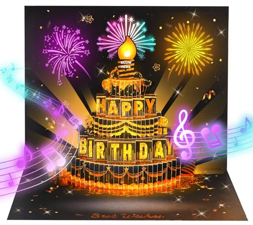 Tarjetas de cumpleaños, tarjetas de felicitación 3D, luces y música y vela soplable en pastel de cumpleaños, tarjetas de felicitación, elegante regalo de cumpleaños para ella, él, mamá, abuela,