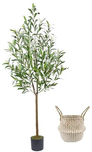Warmplants Artificial Olive Tree, 5ft Tall Fake Olive Leaves Plant with Basket, Indoor Outdoor Faux Olive Topiary Silk Tree for Home Livingroom Office House Décor