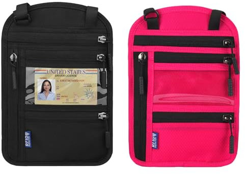 2 Stück Brustbeutel Herren Dame,Reise Brustbeutel,Wasserdicht Reisegeldbeutel,Reisegeldbeutel Brusttasche mit RFID Schutz für Smartphone Reise-Dokumente Passport Bargeld Karten (schwarz+Rose rot)