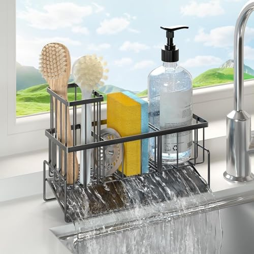 SWILLE Spülbecken Organizer Küchen Edelstahl Spüle Organizer Schwammhalter mit Automatisches Entwässerungs,Sink Caddy Kitchen Organizer,Küchenorganisation Spüle,Spülutensilien Aufbewahrung