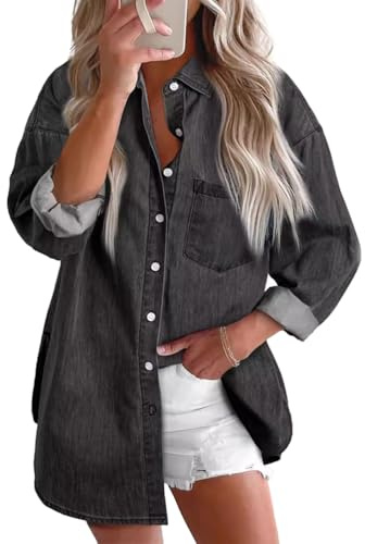 Onsoyours Chemise en Jean Boutonnée pour Femme Manches Longues Et Col en V Doux en Denim Décontractée Printemps Automne avec Poches de Poitrine A Grisfoncé XXL