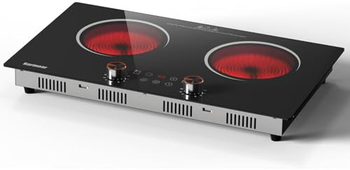 Karinear Placa Vitroceramica 2 Fuegos con Enchufe, Mando de Control, Calefacción por Infrarrojos, Bloqueo de Seguridad Para Niños, Temporizador, Vitroceramica Portátil, 220-240 V, 3200 W